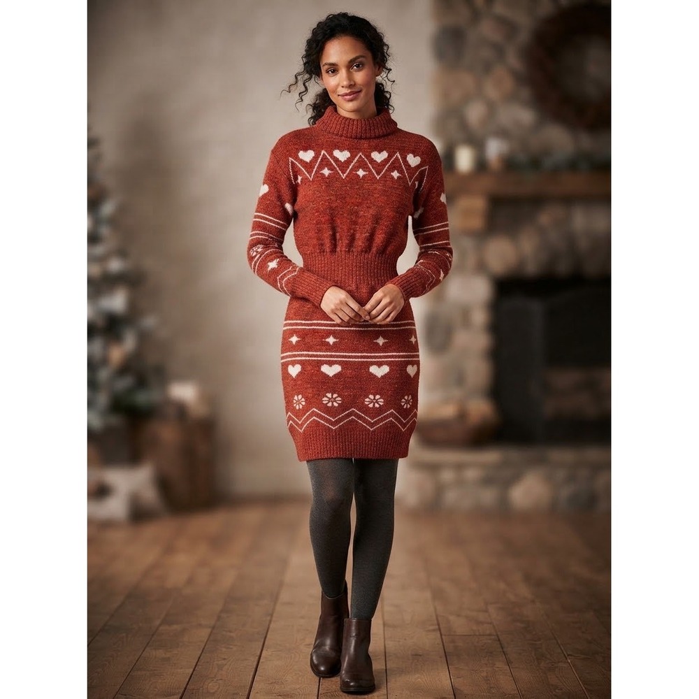 VICI Rust Orange Heart Fair Isle Turtleneck Knit Sweater Dress Small